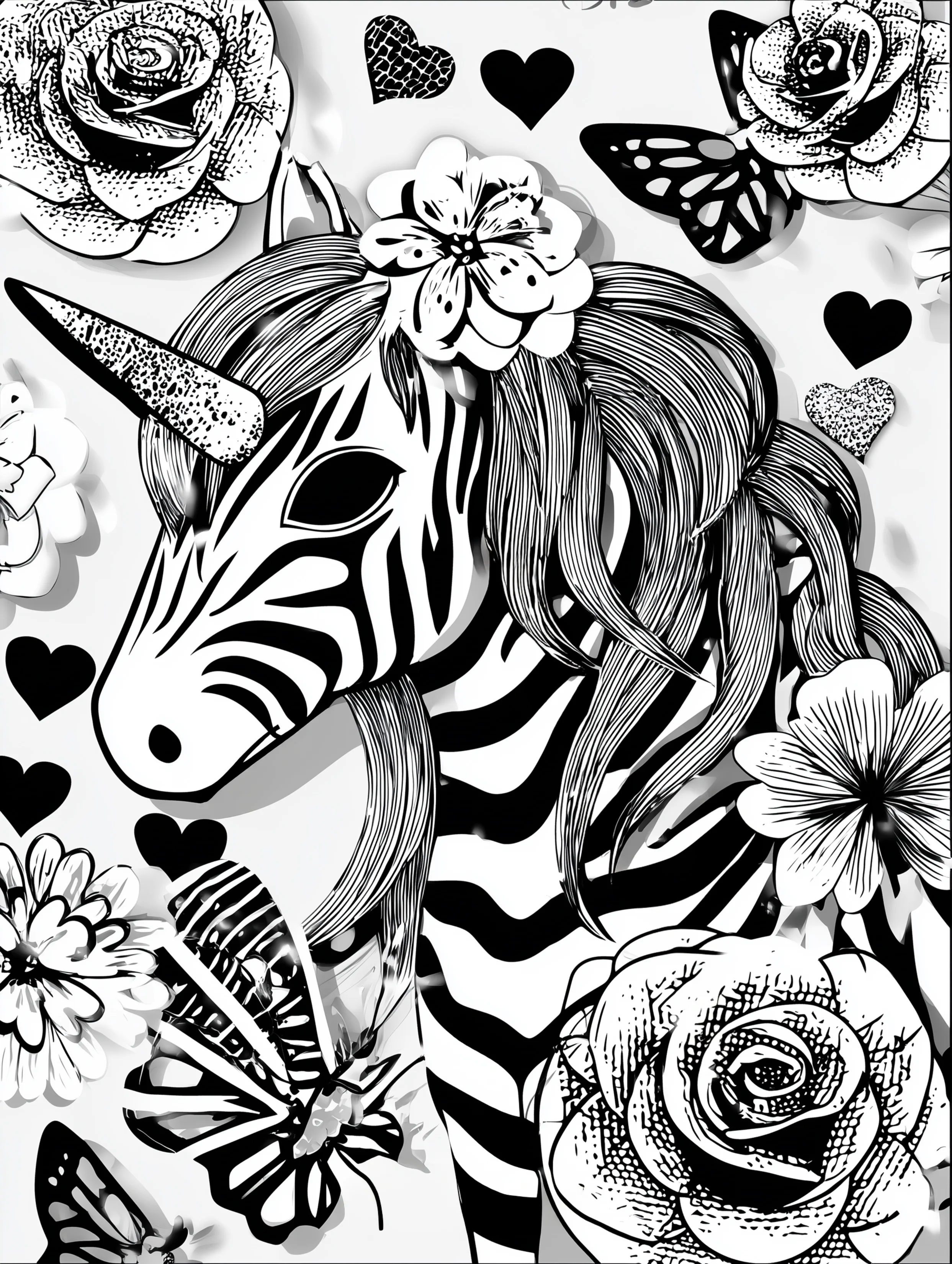 Free printable unicorn coloring page for adults featuring a unicorn with dark eyes